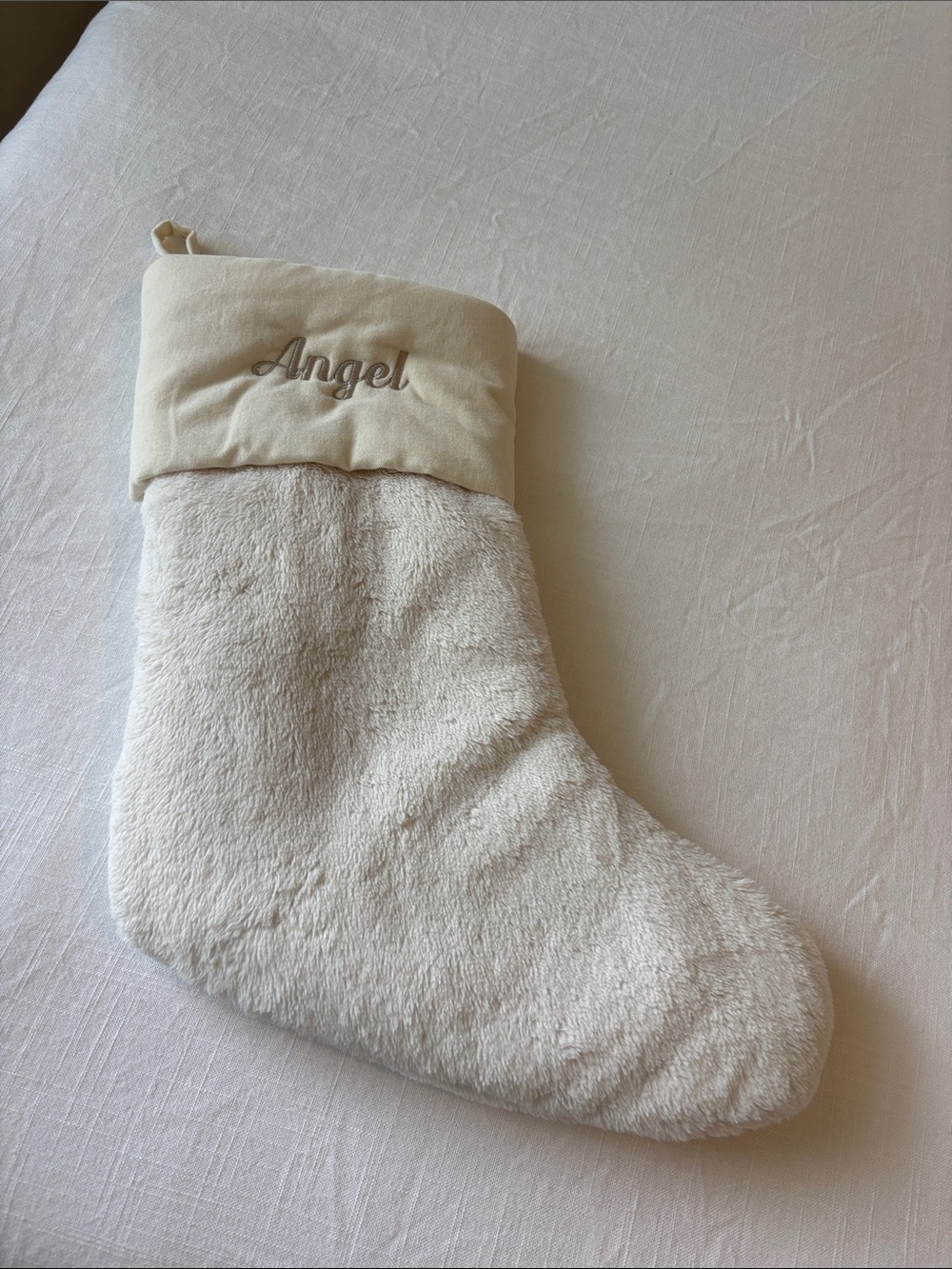 Pottery Barn Plush 'Angel' Faux Fur Holiday Stocking - Cream